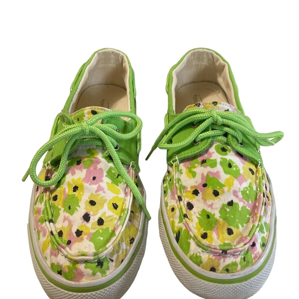 Blue Fin Canvas Deck Shoes Lace Up Size 7 Womens Floral Lime Green, Pin, Yellow